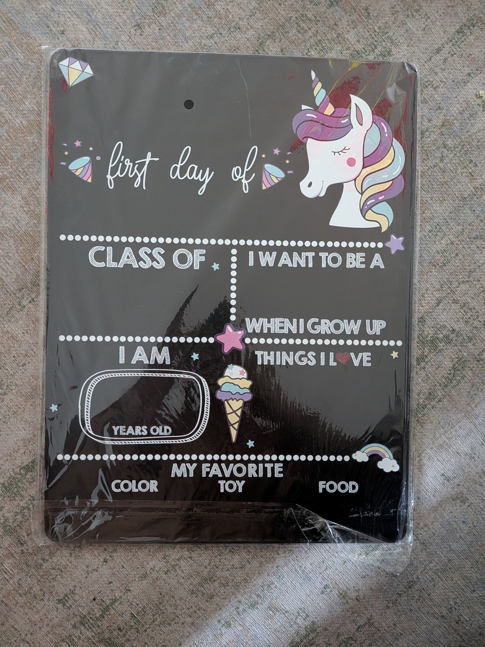 BNIP Unicorn 'First Day Of' Chalkboard Sign - Black & Pastel